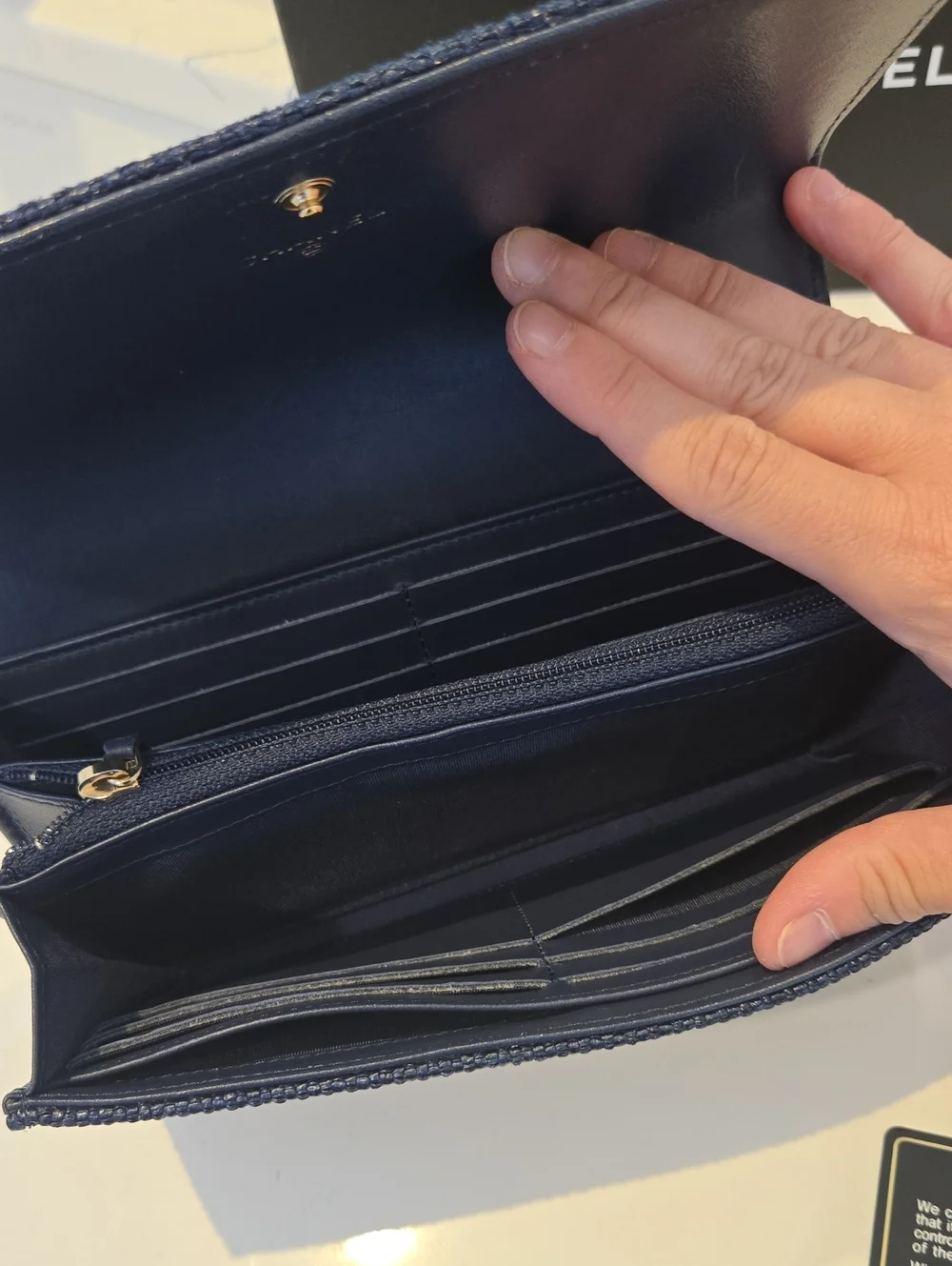 CHANEL deauville Navy Wallet, Textured Fabric, Front Logo, Full Inclusion, VGUC